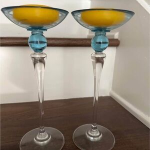 Elegant Blue Glass Candle Holders x2